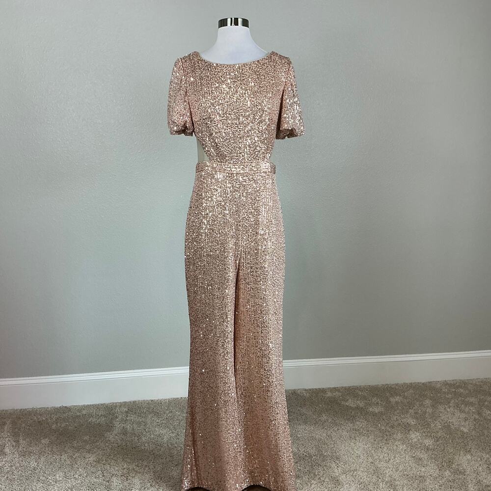 Mac Duggal 11273 Sequined Cut Out Flared Wide Leg Jumpsuit Size 6 Rose Gold - Picture 2 of 12
